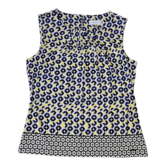 Black & White Tops - Calvin Klein Blouse Sleeevless Women's Petite Large (PL)White/Blue/Black/Yellow